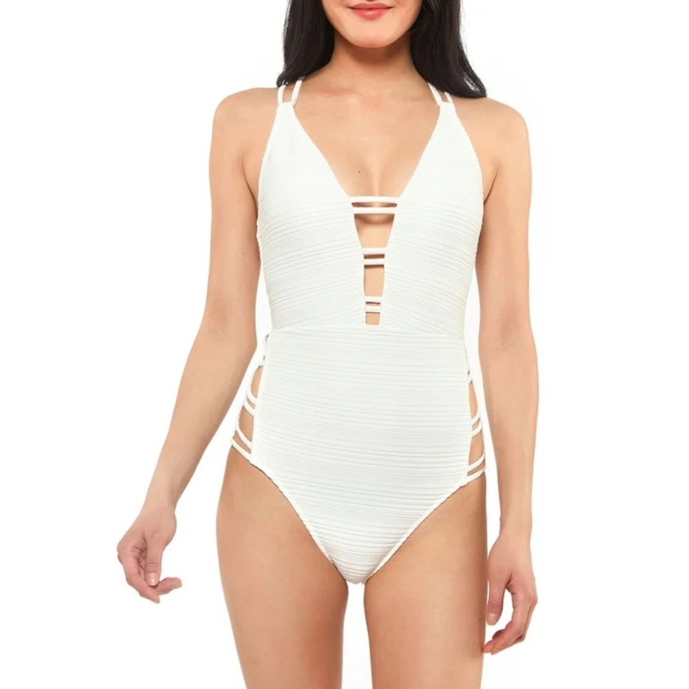 Jessica Simpson white strappy one piece bathing suit